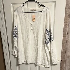 LOFT White Blouse with Navy Embroidery